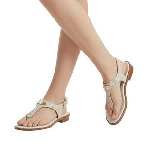 Fashion Monogram Print Gold Plate Thong Sandals 7.5 Vanilla Cream T-Strap Flat